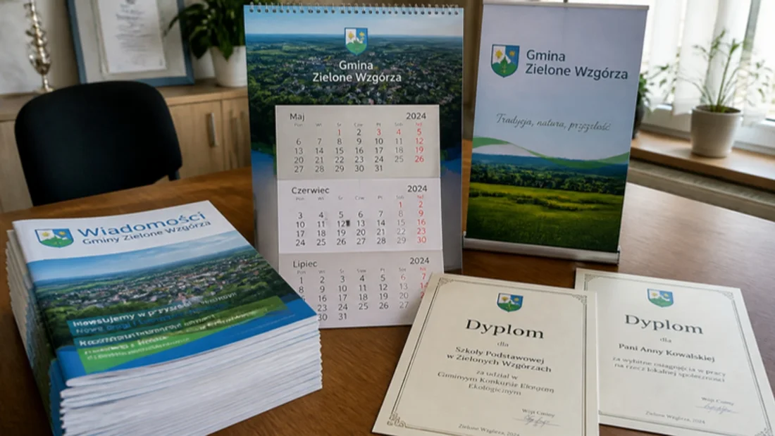 Gazetki gminne, kalendarz z herbem, roll-up i dyplomy